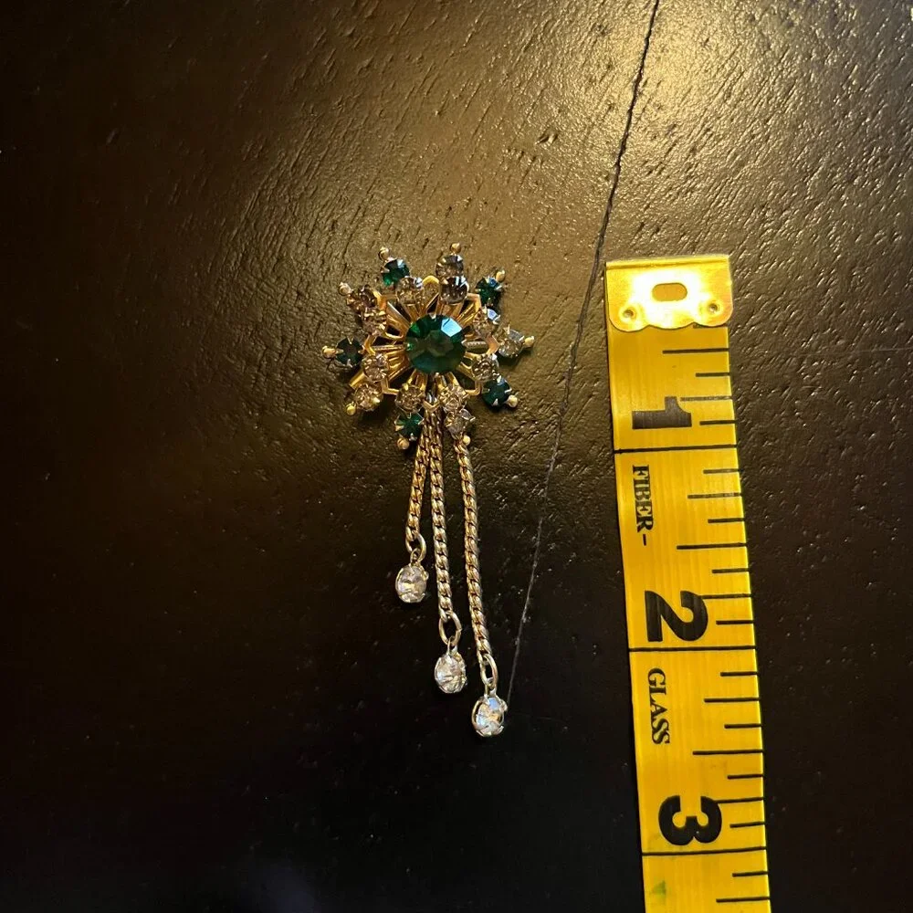 Vintage Coro Green and White Rhinestone Dangling Brooch Gold Tone
